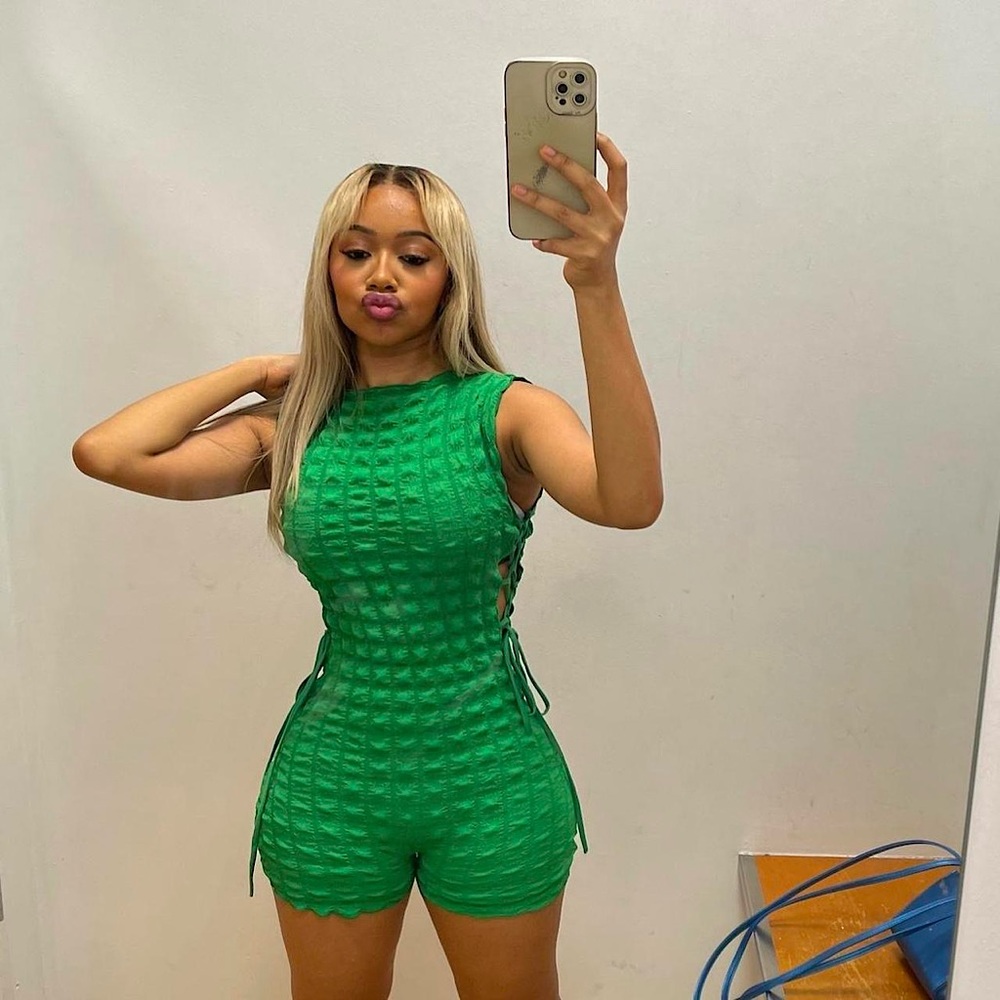 Green Bubble Texture Cut Out Side Tie Romper